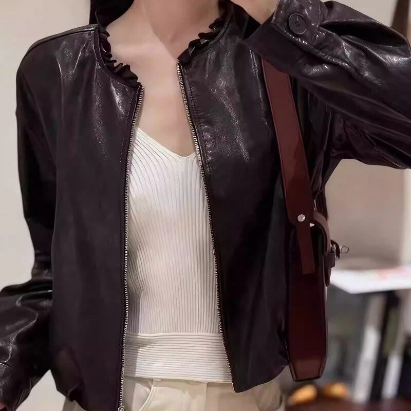 Imported Sheepskin Oil Wax Leather Motorcycle Jacket 2025 Ruffled Lace Genuine Leather Jacket Simple Loose Short Coat