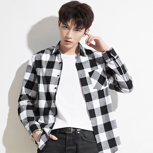 Spring and autumn pure cotton brushed plaid shirt men's slim long-sleeved shirt youth Xinjiang cotton jacket casual top plaid shirt