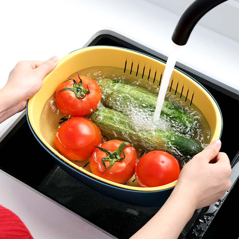 Double-layer plastic basket wash fruit and vegetable basket kitchen multi-functional dense hole multi-purpose basket