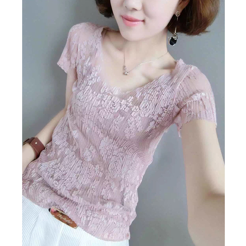 Women's Short-Sleeve T-Shirt 2026 Spring and Winter New Thin Versatile Top with Hollow Lace European Style Trendy