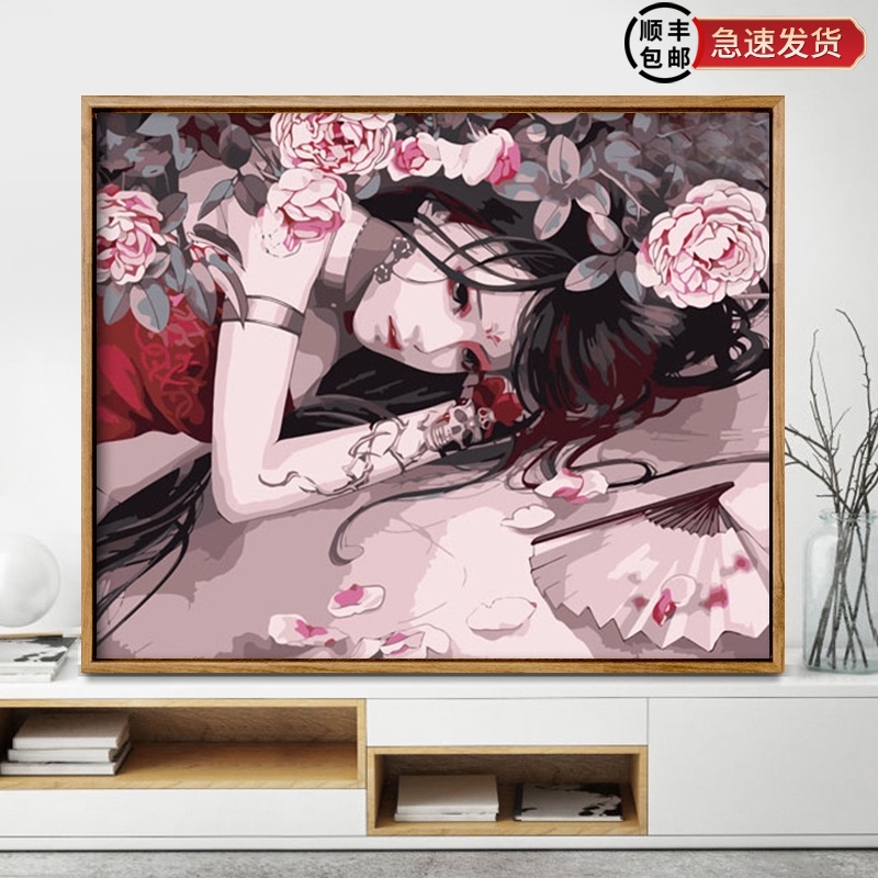 Digital oil painting diy filling oil painting decompression Simple hand coloring painting Living room decoration hanging painting Ancient style girl