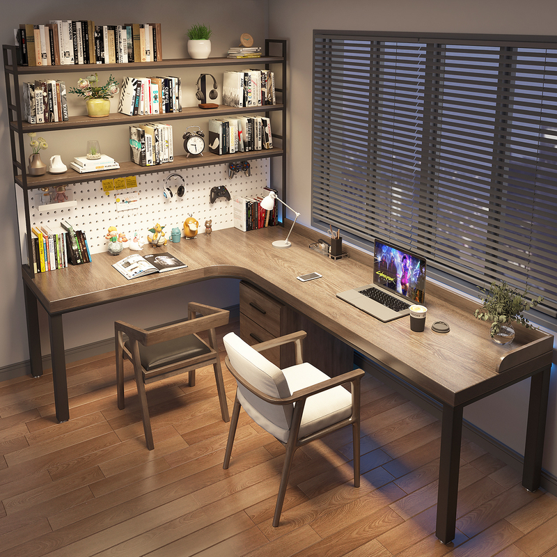 Solid Wood Corner Long Desk with Bookshelf Integrated Combination, Double-Person Home Use L-Shaped Curved Computer Desk, 7-Shaped Office Desk