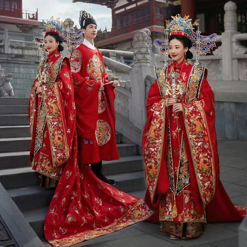 百鳥朝鳳披風 白赤金色ロングアウター　中国伝統衣装　織錦　西陣織　結婚式明製漢服 云河千色百鸟朝凤婚服明制中式嫁衣汉服租赁2023秋季纯电商棉质L码