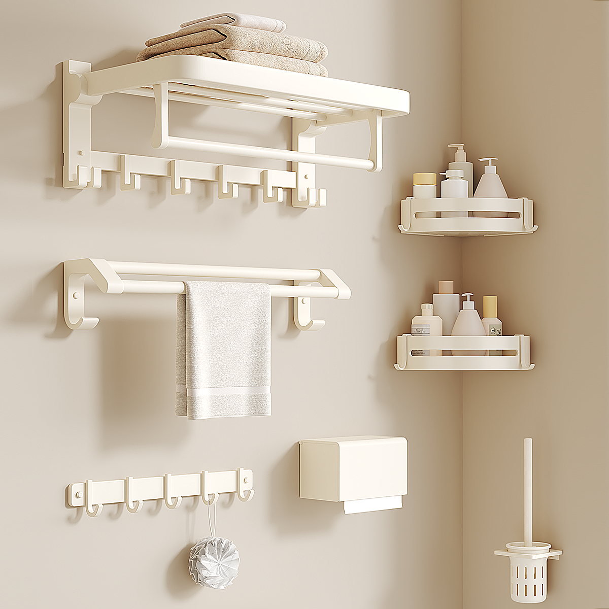 スペースアルミタオルラックパンチフリークリームスタイルバスルームタオルラックバスルーム収納ラックペンダントトイレ5点セット