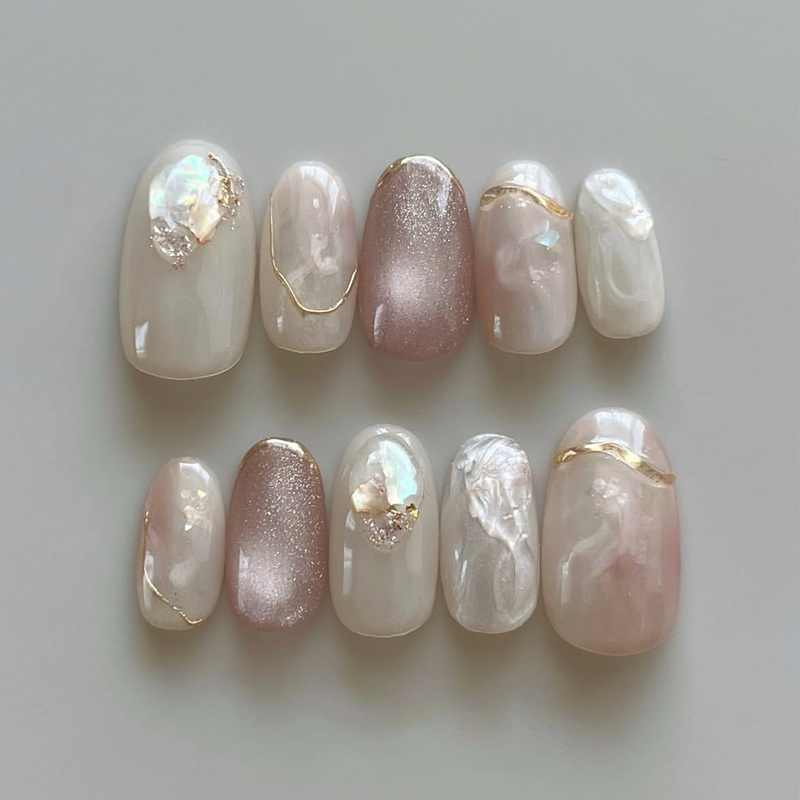 [Pink Jade] ins Japanese-Style Bean Paste Cat Eye Gradient Glitter Shell Gentle Temperament High-End Handmade Press-On Nails