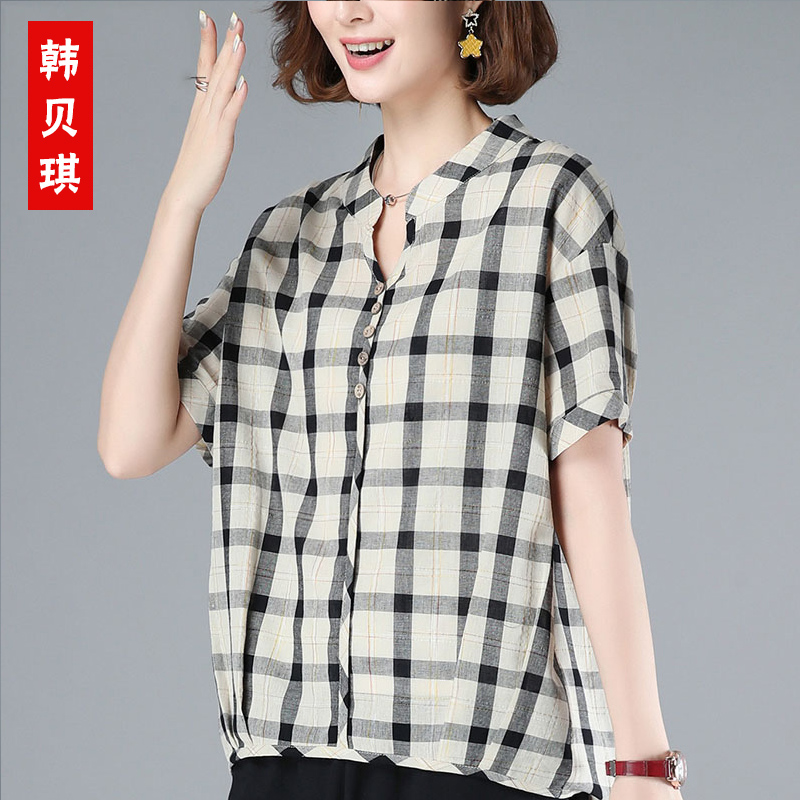 40 40 Year Old Fat Mom Short Sleeve Plaid Shirt Woman Summer Dress Loose Casual Foreign Pie Lady Shirt Middle-aged Blouse