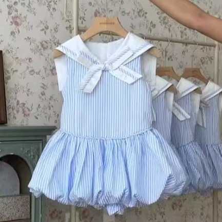 Girls' Preppy Style French Navy Collar Blue Striped Dress Summer Design Elegant Slim Fit Puff Skirt Cotton Girls' Preppy Style French Navy Collar Blue Striped Dress Summer Design Elegant Slim Fit Puff Skirt Cotton