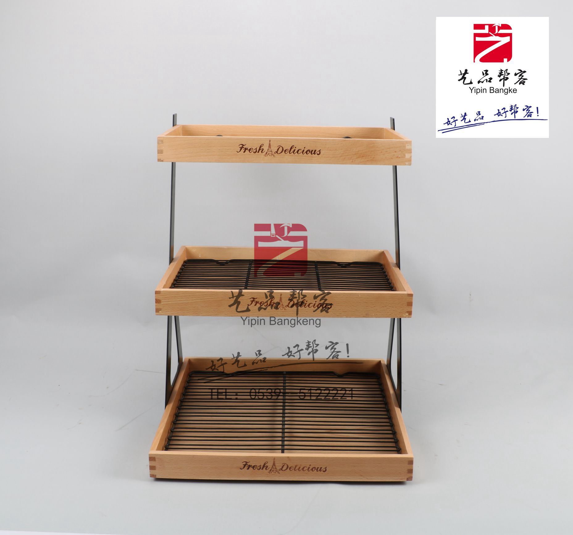 Art Pinders Bakery Bread Rack Baking Soft-mounted Flat Shelf Triple Iron Wood Display Prop Hem