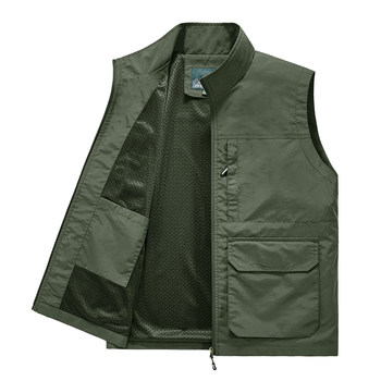 Spring and autumn men's workwear vest outdoor casual stand-up collar loose large size multi-pocket middle-aged and elderly thin wear-resistant jacket