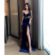 Sexy Backless Suspender Dress Hollow Long Dress Slim Slim Banquet Temperament Blue Velvet Evening Dress Ladies