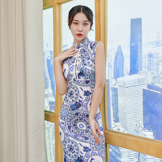 Blue and white porcelain improved cheongsam long section comfortable color retro dress skirt new slit sexy dress banquet women