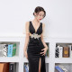 Sexy evening dress high-end light luxury niche low-cut temperament celebrity party dress short-sleeved long black slimming