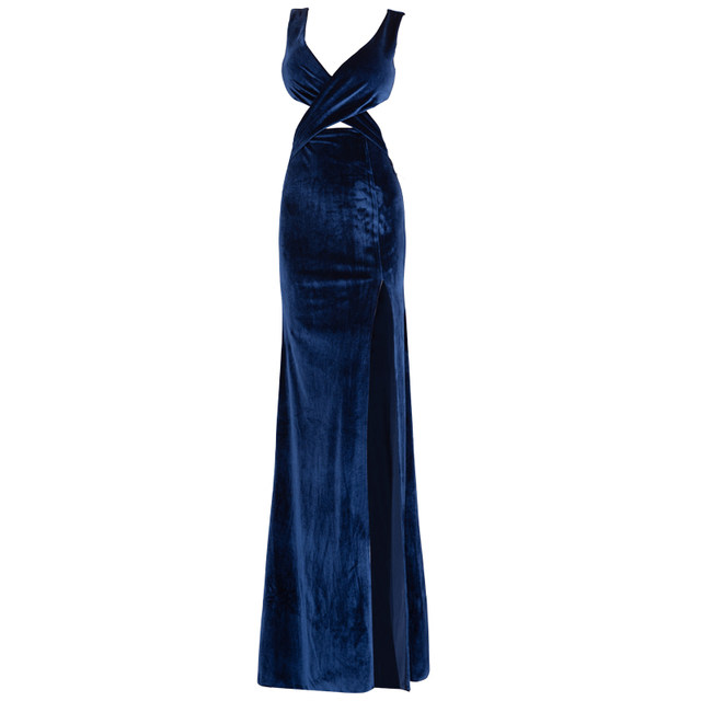 Gold velvet evening dress long noble temperament sexy dress 2020 new night show women's beauties sapphire blue