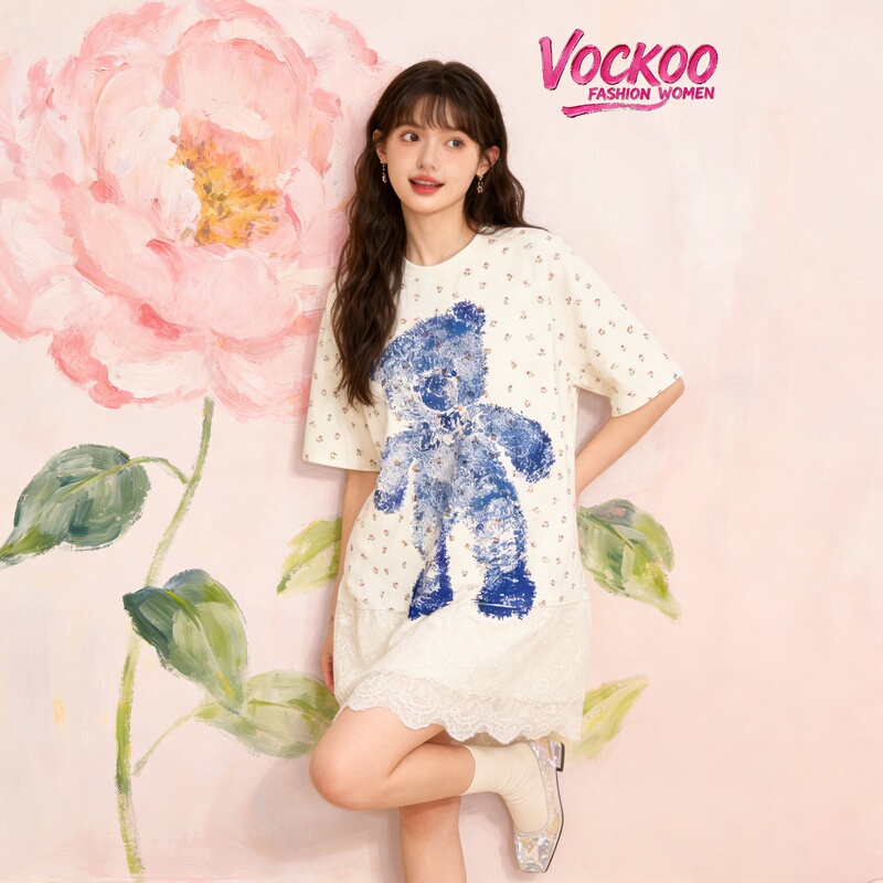 Same Style as in the Mall 26 Summer Vockoo Versatile Girly Fashion Loose Printed Bear Short-Sleeve Dress 105195L