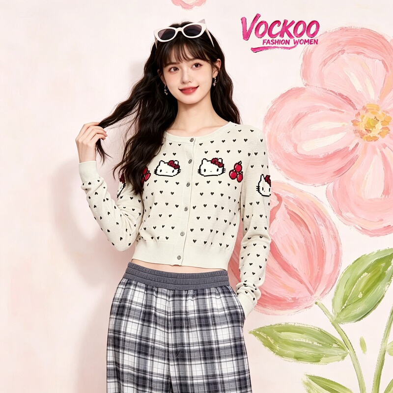 Vockoo Same Style 2026 Autumn Original Yarn Hello Kitty Versatile Fashion Patchwork Kitty Cat Short Knitted Cardigan for Women Vockoo Same Style 2026 Autumn Original Yarn Hello Kitty Versatile Fashion Patchwork Kitty Cat Short Knitted Cardigan for Women