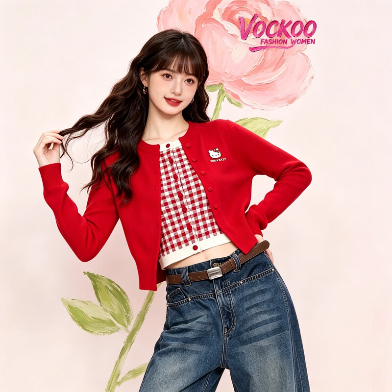 Zhang Ruonan Vockoo Same Style 2026 Autumn Versatile Hello Classic Instant Hit Kitty Cat Faux Two-Piece Knit Cardigan Zhang Ruonan Vockoo Same Style 2026 Autumn Versatile Hello Classic Instant Hit Kitty Cat Faux Two-Piece Knit Cardigan