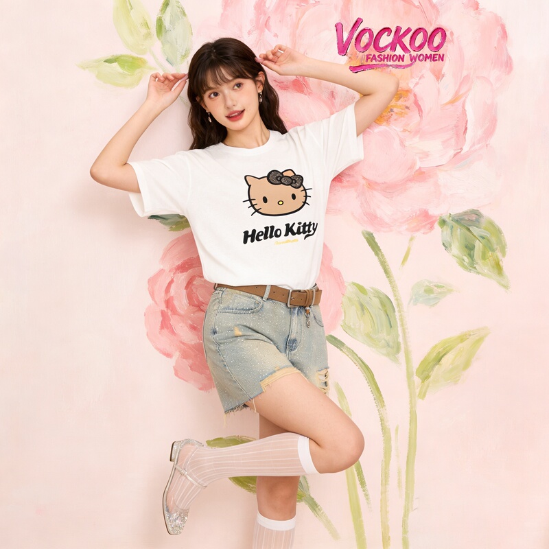 Same Style as in the Mall 26 Summer Vockoo Versatile Kitty Cat Holiday Vibe Loose T-Shirt Top for Women 31001038t