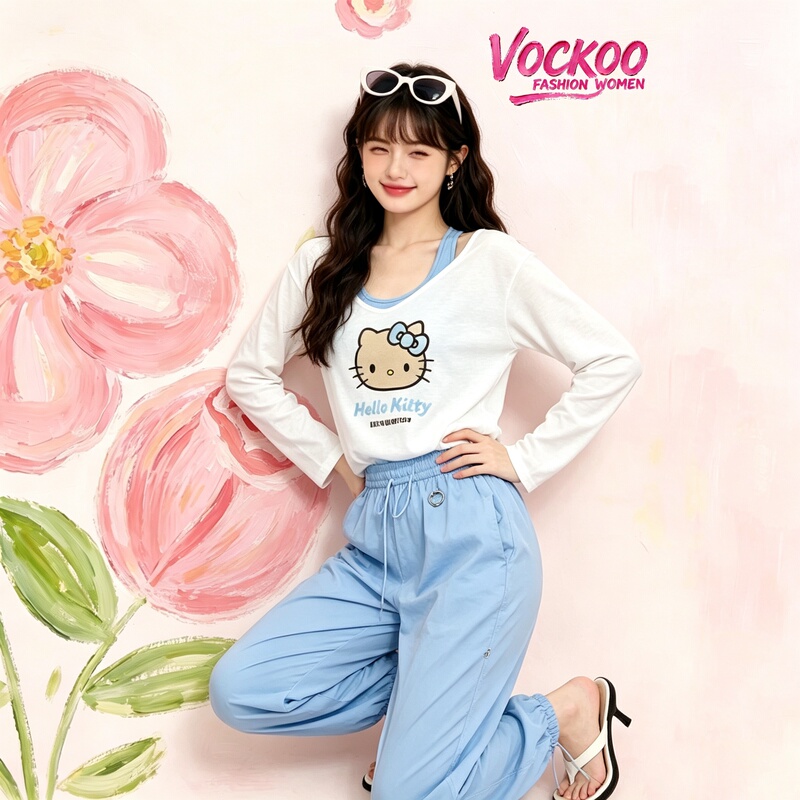 Shen Mengchen's Same Style 26 Summer Vockoo Versatile Kitty Cat Loose Two-Piece Halter Neck Long-Sleeve T-Shirt 31001025t