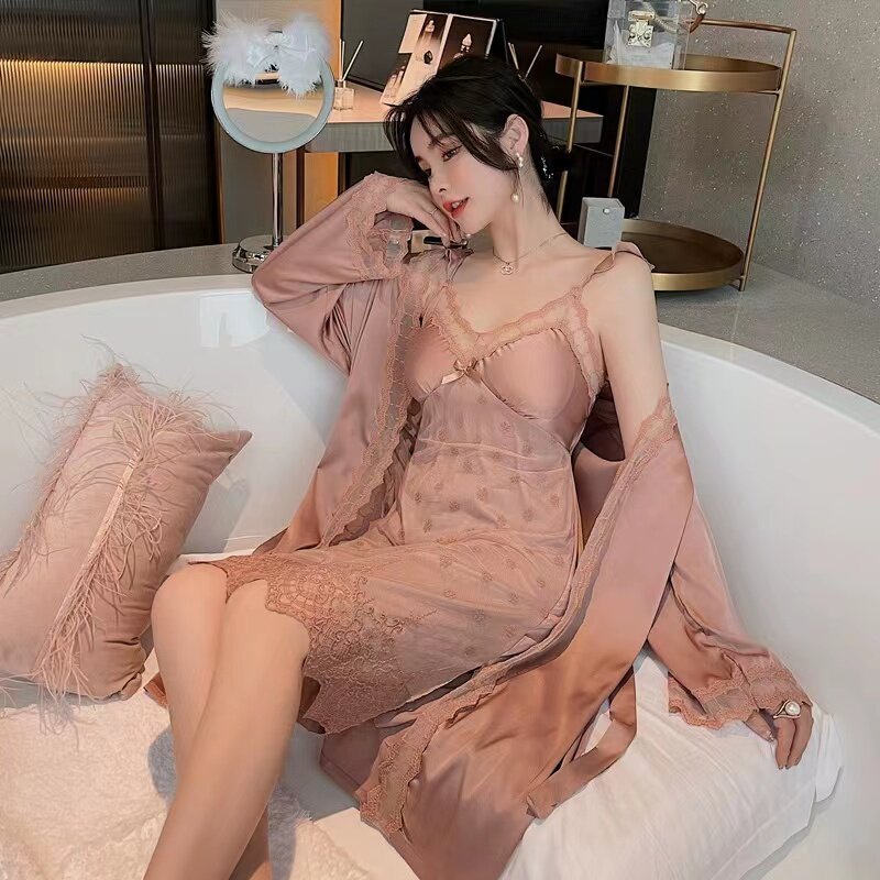 Sleepwear Woman 2022 Spring Summer New Sexy Ice Silk Hanging with Skirt Sleepwear and two sets of thin lace Home Clothing Clothing