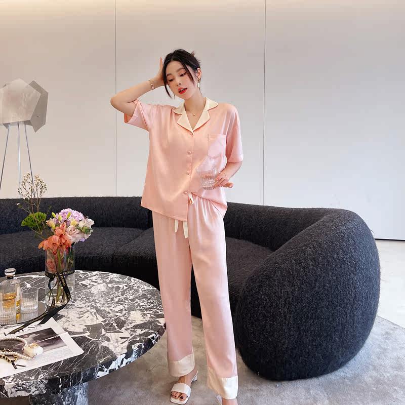 2022 new pajamas women's summer thin short-sleeved trousers Korean version cute cardigan two-piece suit home service
