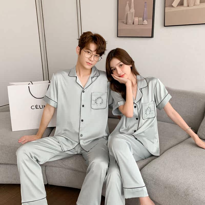 2022 spring and autumn new ice silk pajamas suit couples short-sleeved trousers Korean cardigan can be worn outside home clothes summer