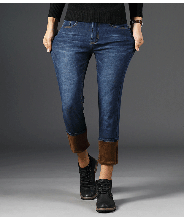 Mùa đông cộng với quần jean nhung nam quần dài ấm áp quần nam dày với nhung cộng với quần cotton nam trung niên áo nam