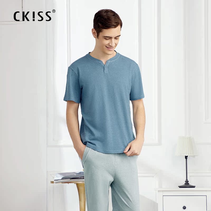 CKISS đồ ngủ mens mùa xuân và mùa hè nhỏ bộ đồ ngủ tươi lớn đánh giá cao V-cổ bông giản dị bộ thể thao mặc nhà có thể mòn bên ngoài.