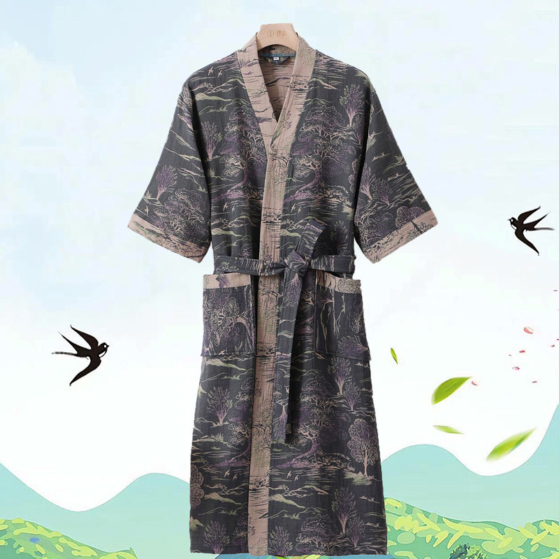 High-End Brand Men's Nightgown, Summer Thin Pure Cotton Gauze Nightgown, Men's Bathrobe, Short-Sleeved Pajamas, Summer Long Style High-End Brand Men's Nightgown, Summer Thin Pure Cotton Gauze Nightgown, Men's Bathrobe, Short-Sleeved Pajamas, Summer Long Style