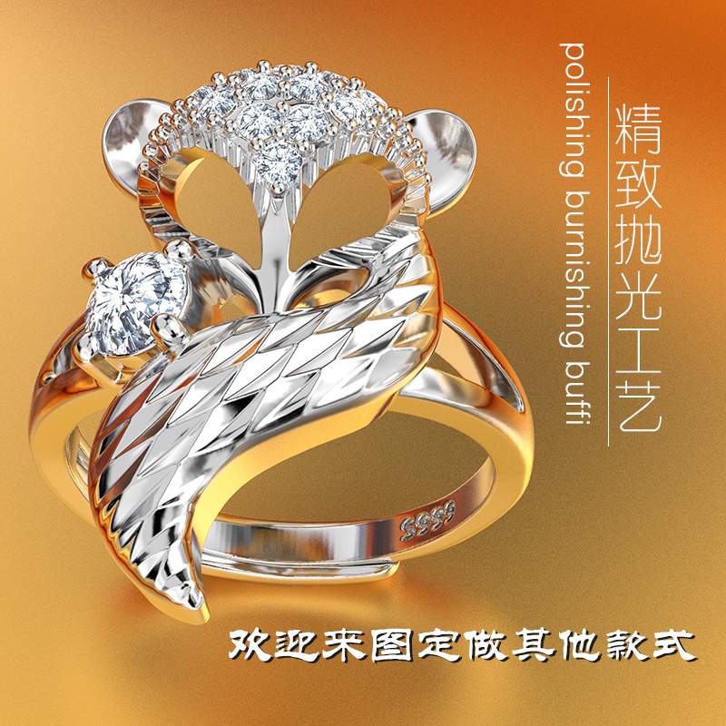 S990 pure silver plated platinum gold decorated fox ring female opening adjustable forefinger ring finger fashion ring idea