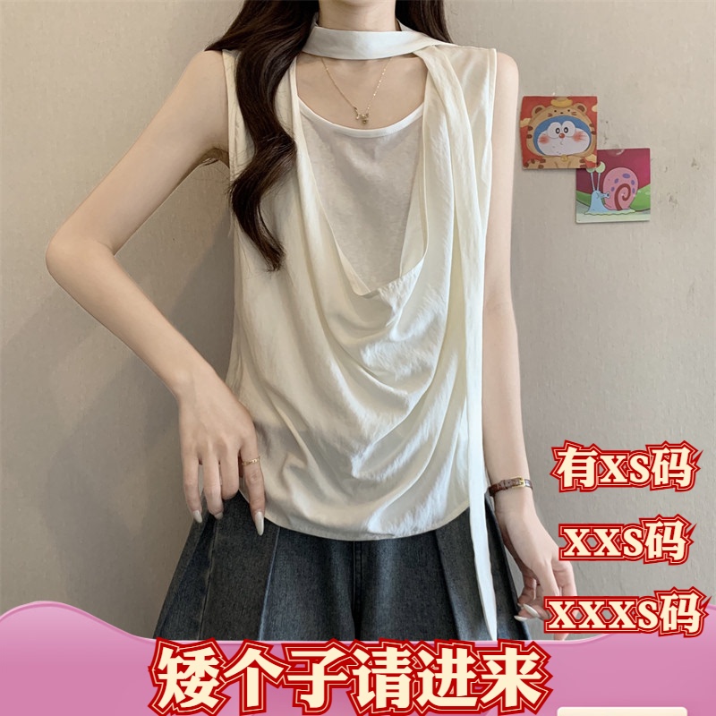 Summer 155cm Petite Size XXXS Women's Fake Two-Piece Ruched Swing Collar Tank Top Shirt with Ribbon