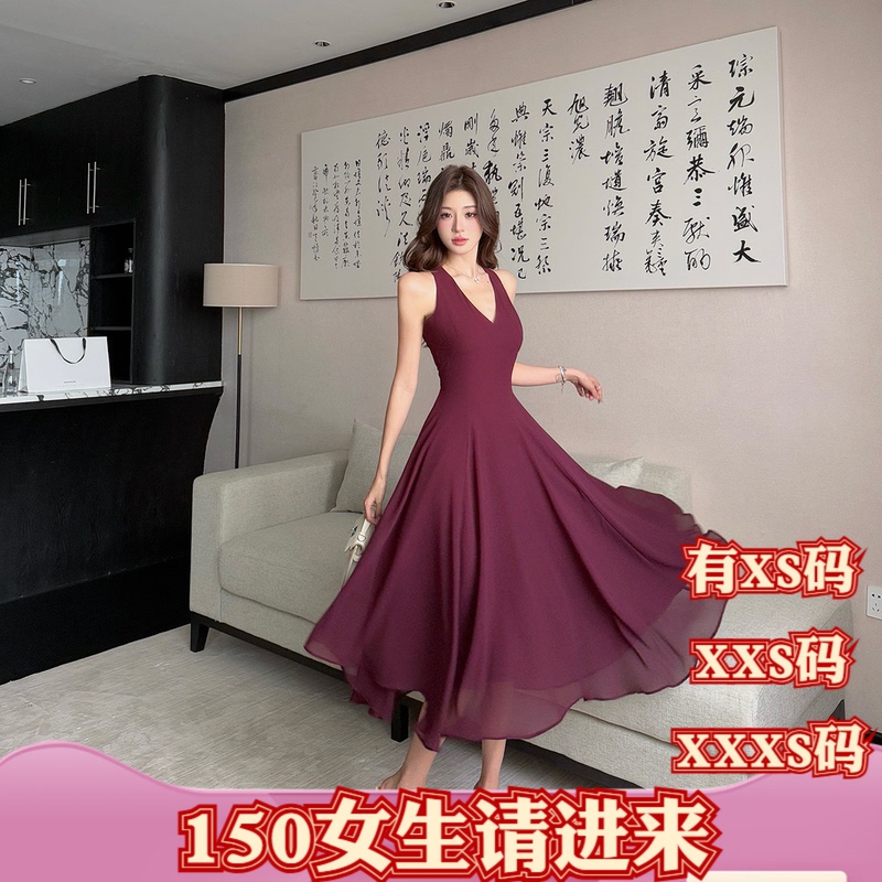 Plus-Size Women's Summer Clothing XXXS for Short People 150cm, Waist-Cinching Chiffon V-Neck Dress with Long Skirt