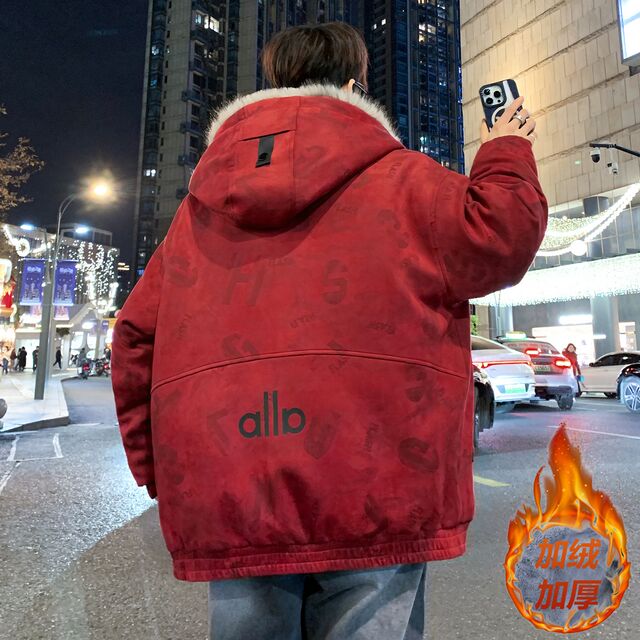 Winter New Hooded Red New Year Fleece-Lined Thickened Jacket for Men, Young Students, Parka Style