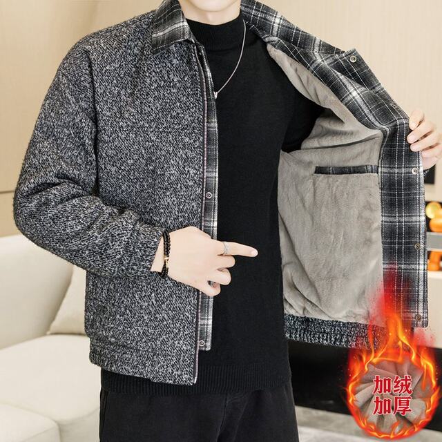 Winter short lapel splicing fake two-piece velvet thickened snow tweed jacket coat men's youth handsome coat