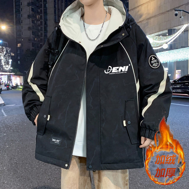 Autumn and Winter Hooded Fleece-Lined Thickened Workwear Jacket for Men, Teenagers, and Students, Windproof and Warm, Outdoor Jacket