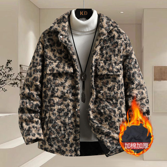 Autumn and winter lapel plaid circling woolen and cotton thickened jacket men's youth slim and warm cotton coat trend