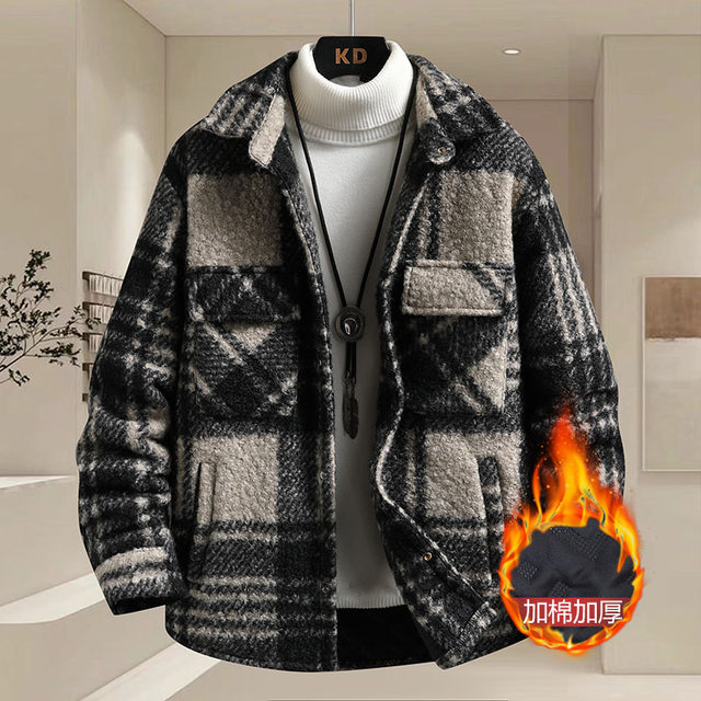 Autumn and winter lapel plaid circling woolen and cotton thickened jacket men's youth slim and warm cotton coat trend