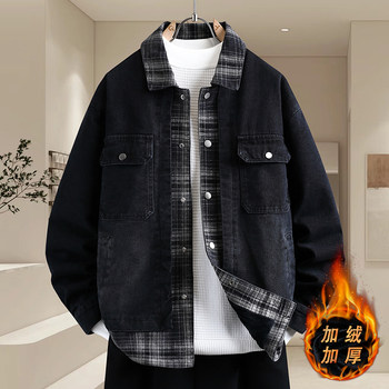 Autumn and Winter Lapel Patchwork Faux Two-Piece Fleece-Lined Denim Jacket Men's Jacket Youth Warm Outerwear Coat