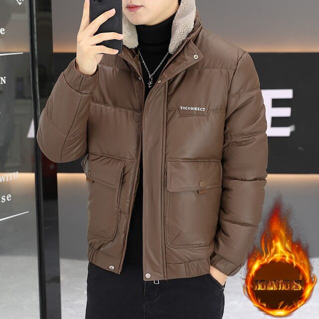 Winter stand collar lamb fur collar short leather cotton coat for men's youth slim fit thickened warm and handsome cotton coat