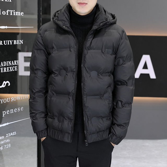 2025 Winter New Style Solid Color Hooded Short Simple Cotton Jacket for Men, Slim Fit, Thickened, Warm Cotton Coat for Young Men