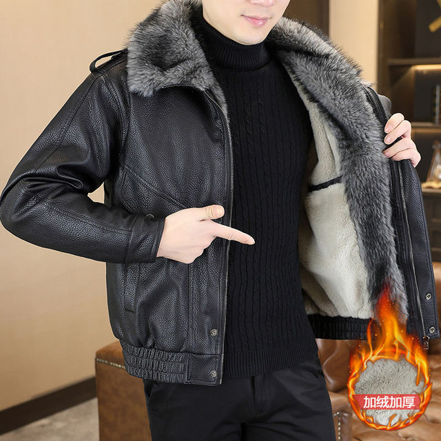 Winter new style lapel high-end large fur collar plus velvet thickened leather jacket jacket for men's youth warm mountain sculpture