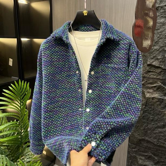 Autumn and Winter Mixed-Color Tweed-Style Knitted Cotton-Padded Thick Long-Sleeve Shirt for Young Men, Trendy Casual Shirt Jacket