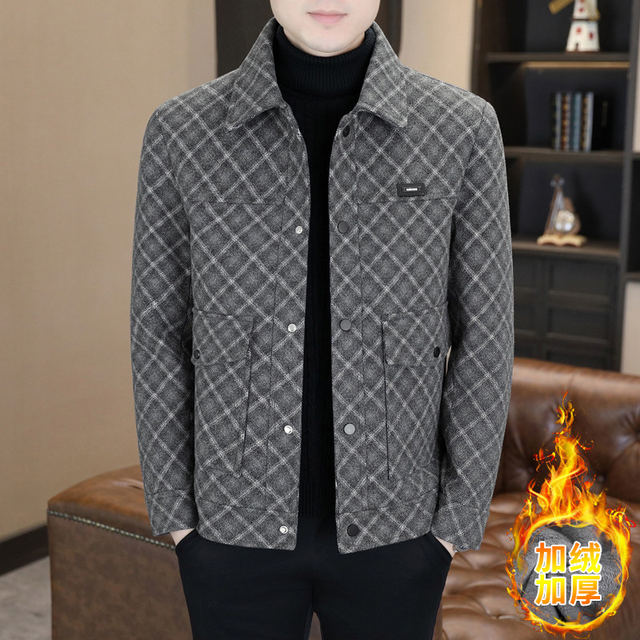 2025 Winter New Plaid Lapel Fleece-Lined Thickened Woolen Coat for Men, Slim Fit and Warm Overcoat for Young and Middle-Aged Men