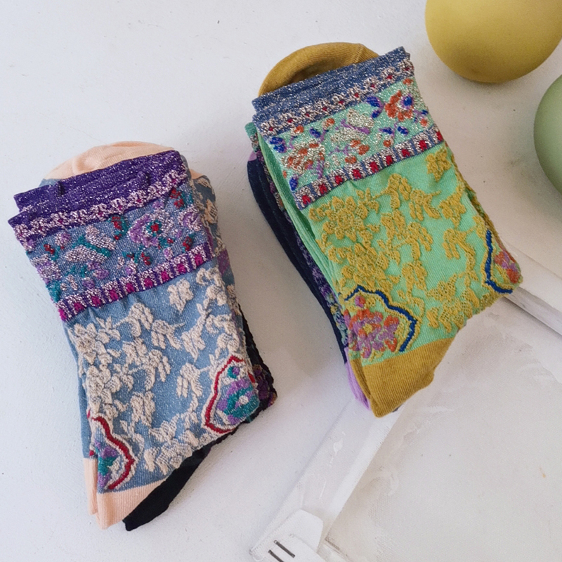 Women's Socks with Embossed Floral Totem Design, Mid-Calf Length, Fashionable, Retro, Versatile, Shiny, Artistic, Ethnic Style, Trendy Women's Socks Women's Socks with Embossed Floral Totem Design, Mid-Calf Length, Fashionable, Retro, Versatile, Shiny, Artistic, Ethnic Style, Trendy Women's Socks