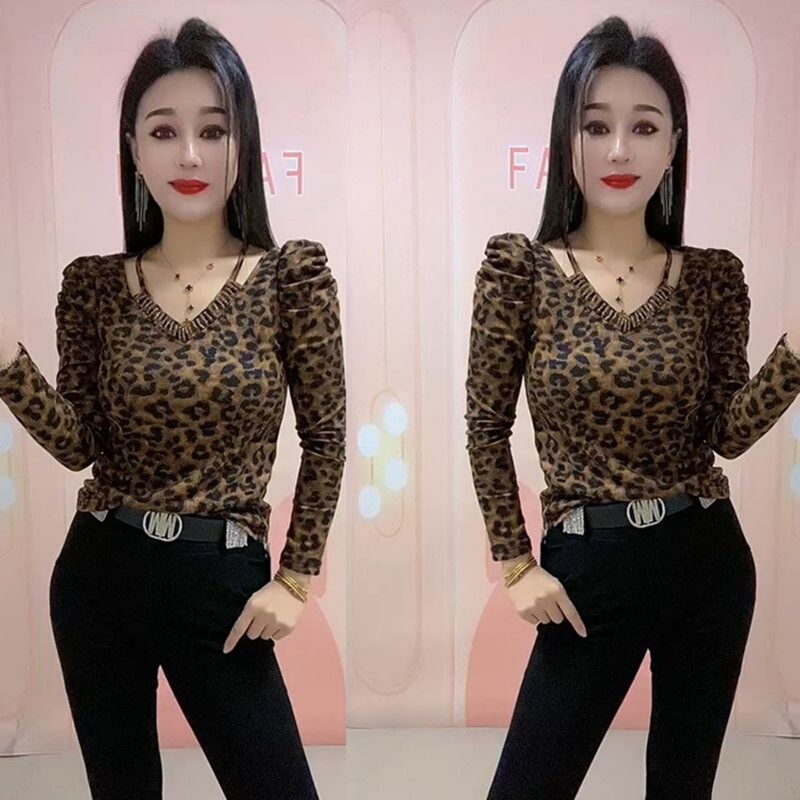Leopard Print V-Neck Top, Leopard Print Top, Base Shirt for Women, New Early Autumn Long-Sleeve Leopard Print Stylish Blouse for Mom