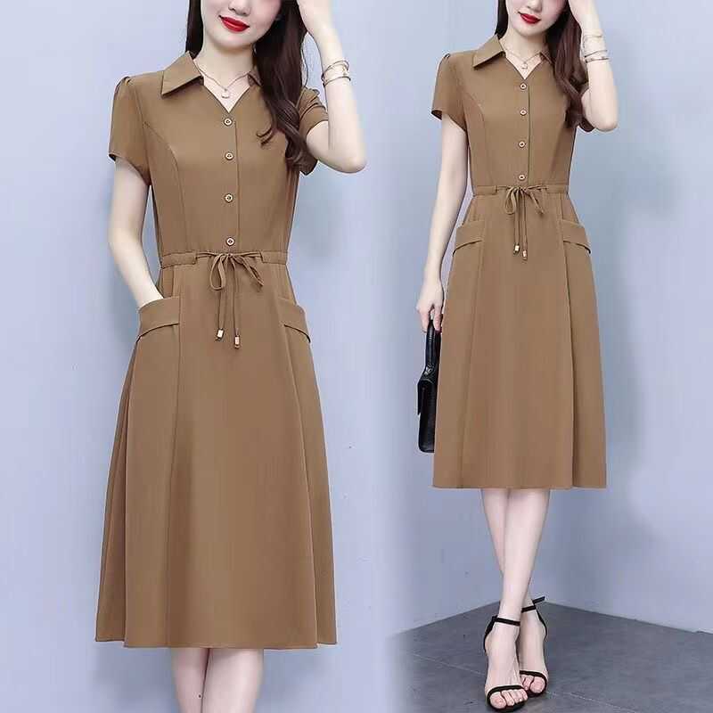 2025 New Fashionable Ice Silk Summer Dress, Elegant and Slimming, Mid-Length, Waist-Cinching, Middle-Aged Mother's Dress