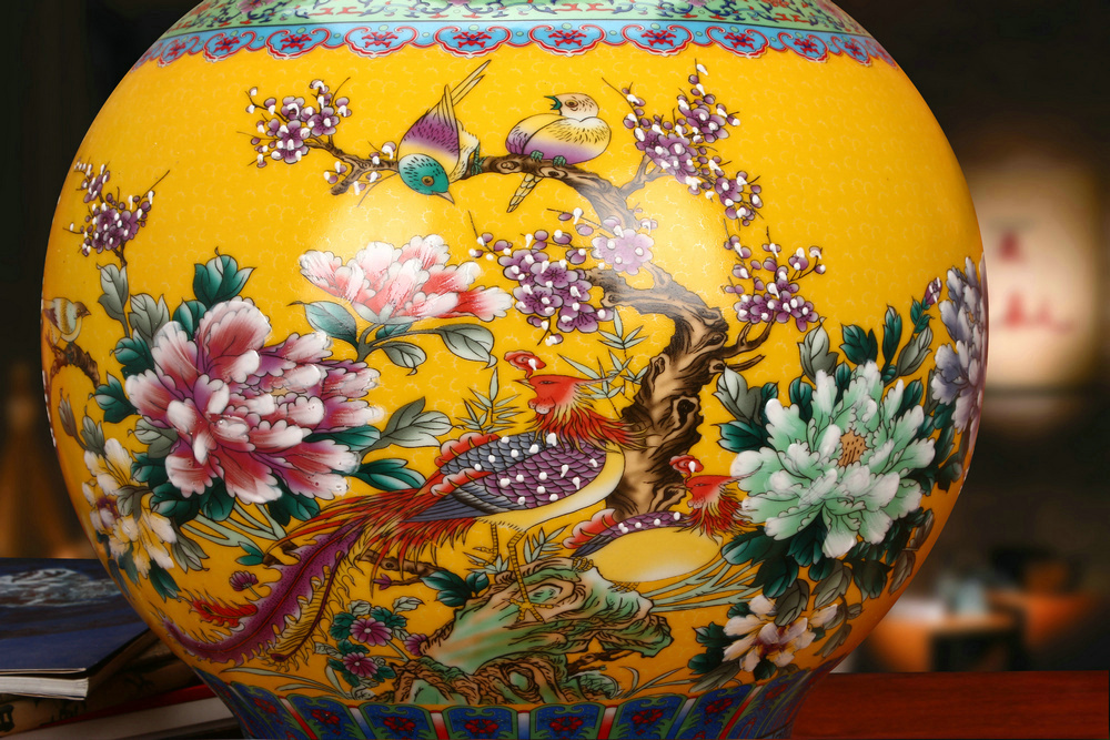 Jingdezhen ceramics Chinese antique yellow phoenix peony flower vases, classical household decorations furnishing articles