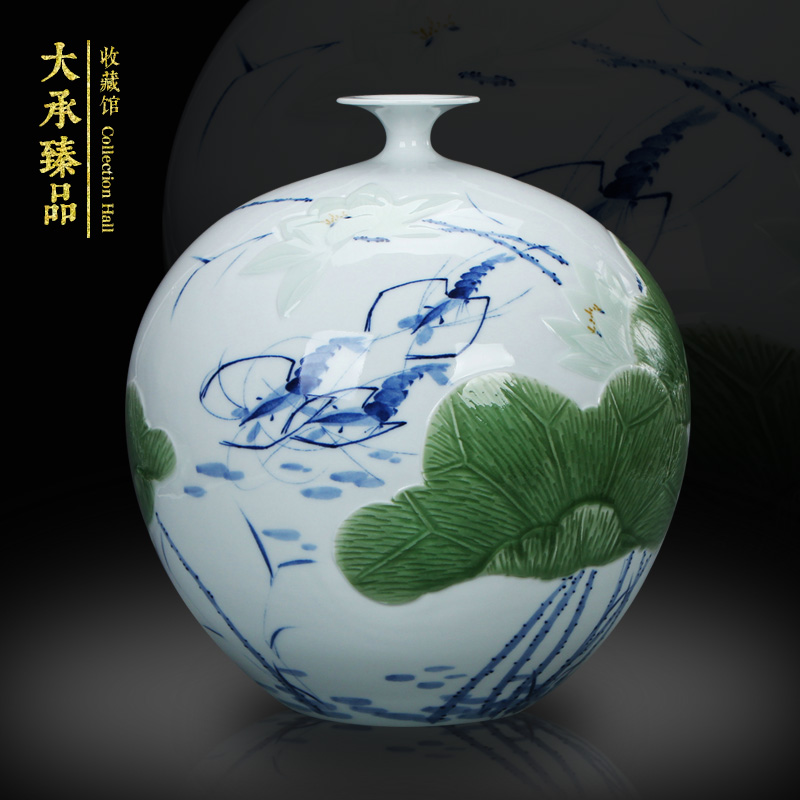 Shrimp boring LuYiGang hand - made porcelain of jingdezhen ceramics engraving lotus vase collection crafts are set