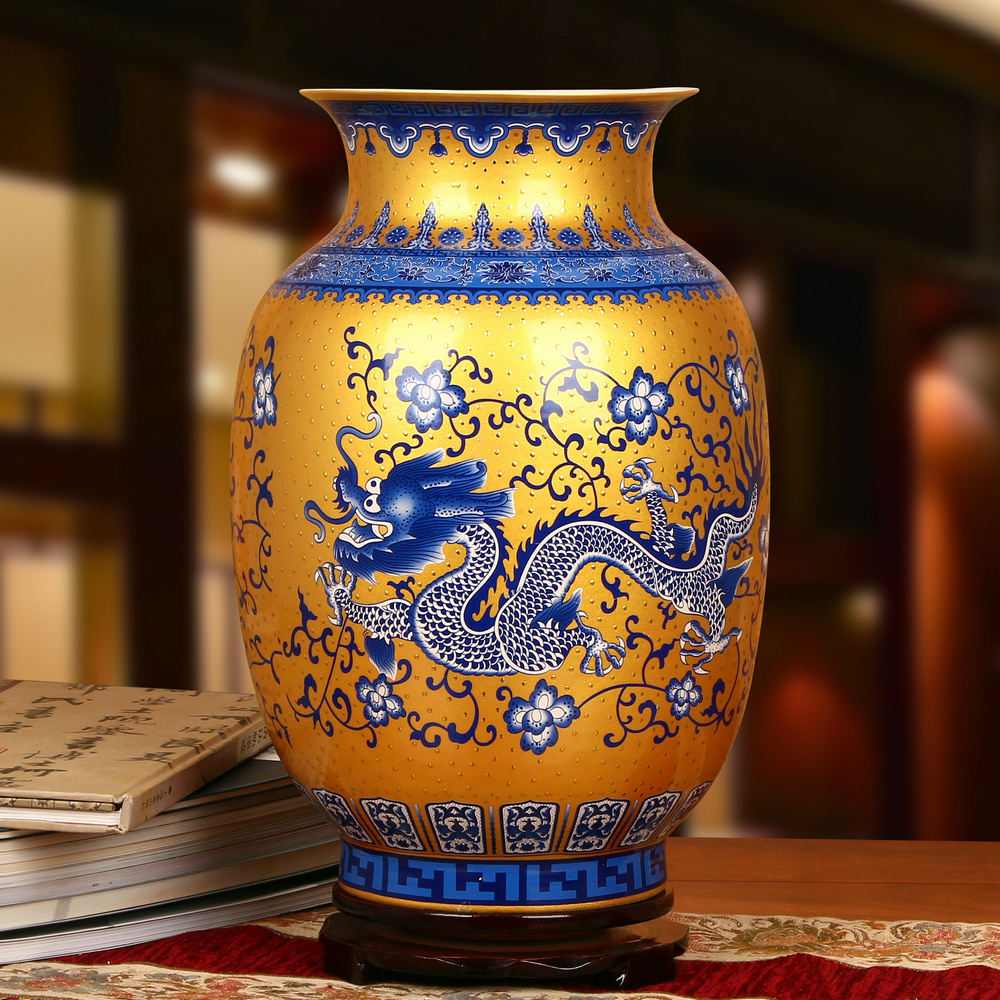 Jingdezhen ceramics high - grade enamel color golden dragon blue bottles of contracted and I Chinese style household decorative furnishing articles