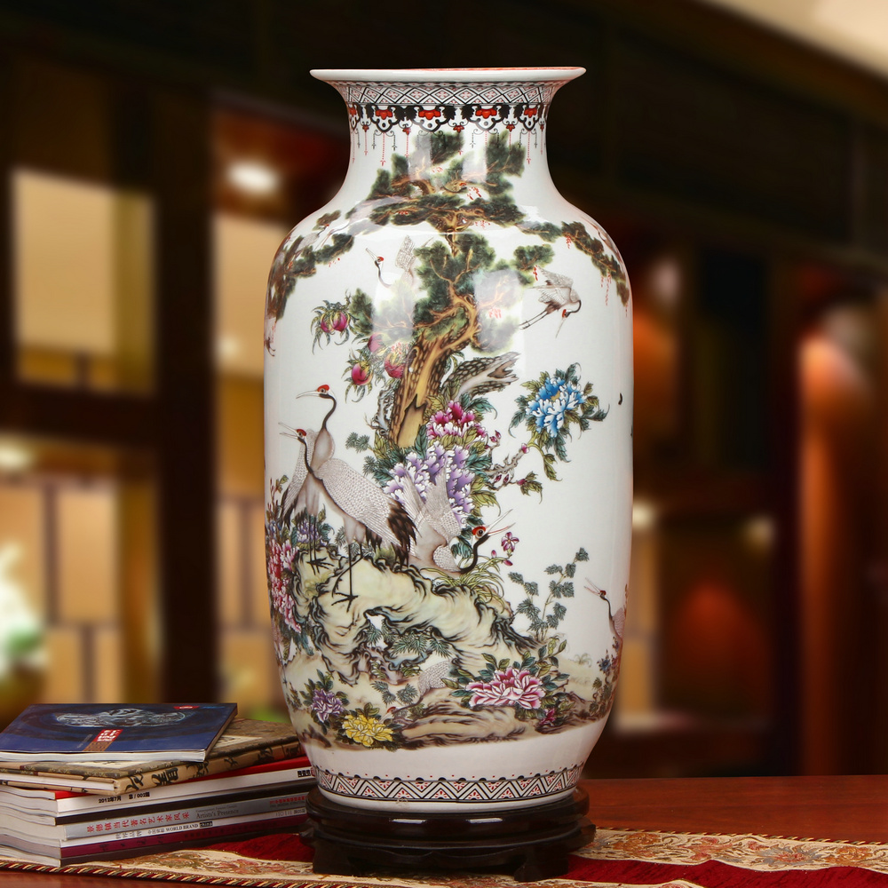 Jingdezhen ceramics powder enamel pine crane live idea gourd of large vases, modern Chinese style household crafts