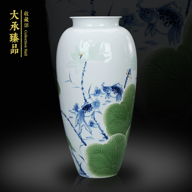 LuYiGang hand - made porcelain of jingdezhen ceramics engraving lotus goldfish vase collection crafts are set